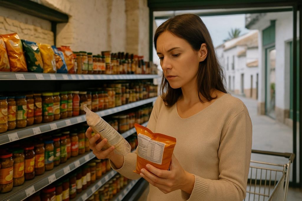 Persona leyendo la etiqueta de un alimento en un supermercado