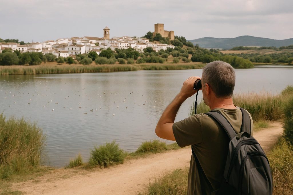 Flamencos y aves acuáticas en una laguna andaluza al atardecer