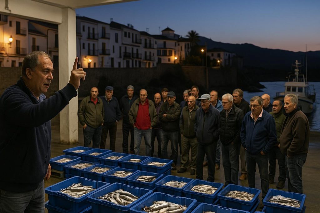 Lonja andaluza con cajas de pescado fresco durante la subasta