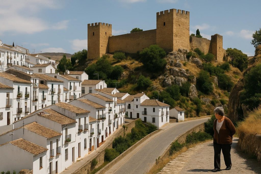 Pueblo blanco andaluz con calles estrechas y paisaje de montaña al fondo
