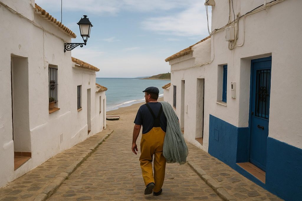 Calle estrecha con casas encaladas en un antiguo barrio marinero andaluz
