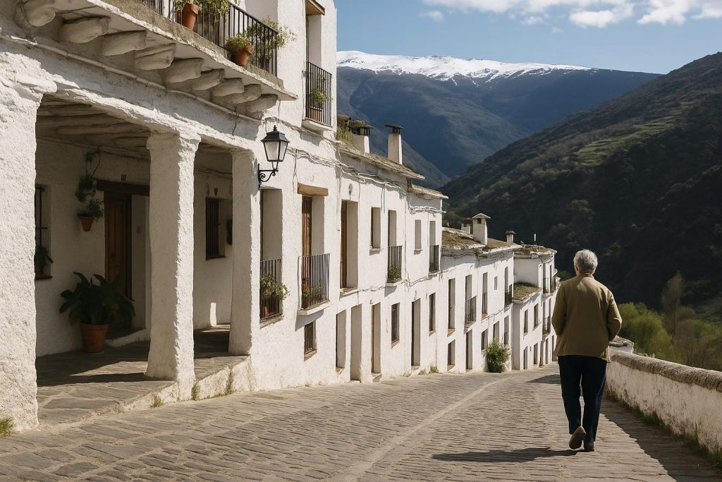 Calles blancas de Pampaneira con Sierra Nevada al fondo