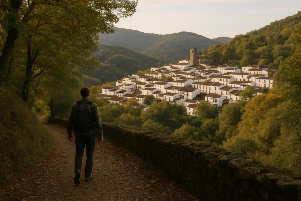 Pueblo blanco entre los paisajes de la Sierra de Aracena