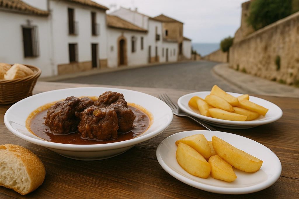 Rabo de toro guisado con salsa y patatas en una cazuela