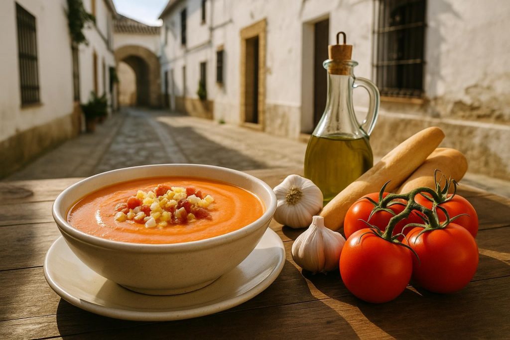 Cuenco de salmorejo cordobés con huevo cocido y jamón