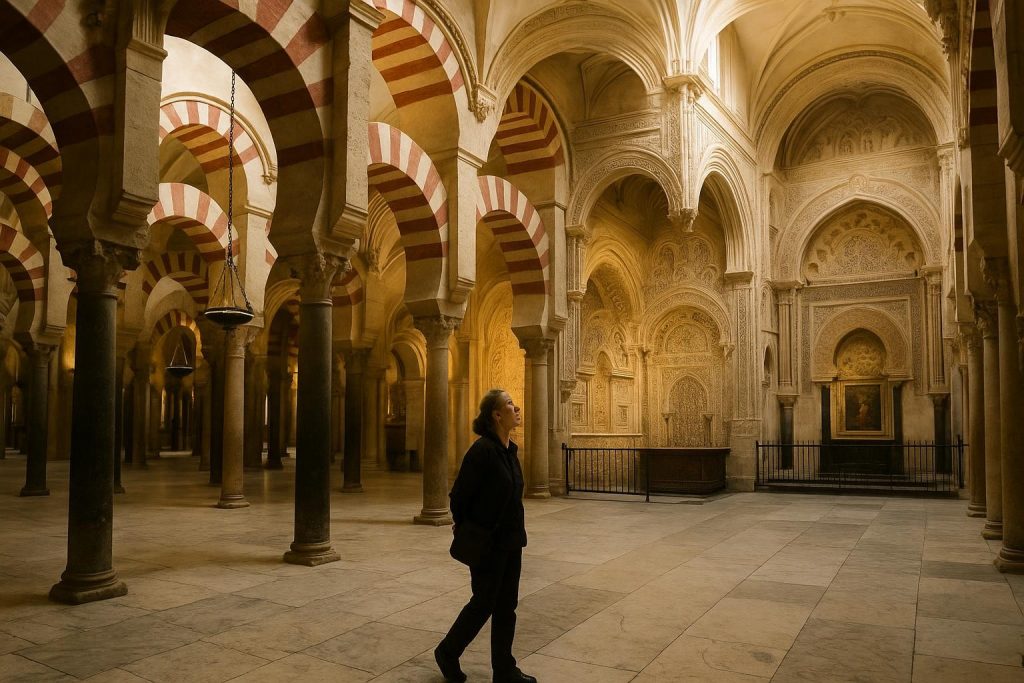 Interior de la Mezquita-Catedral de Córdoba con arcos de herradura y columnas