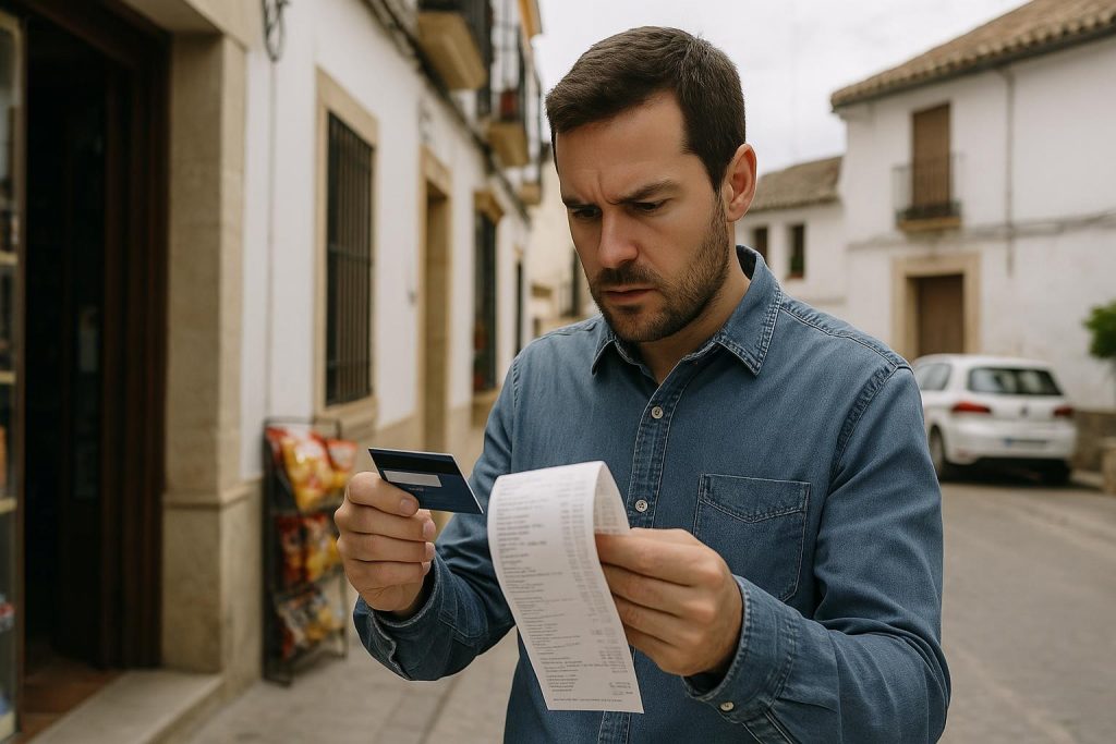 Persona revisando un cargo bancario desconocido en su tarjeta
