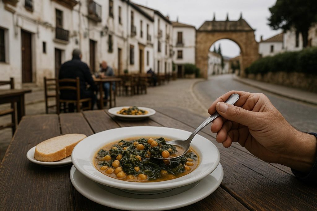 Plato de espinacas con garbanzos servido en una cazuela