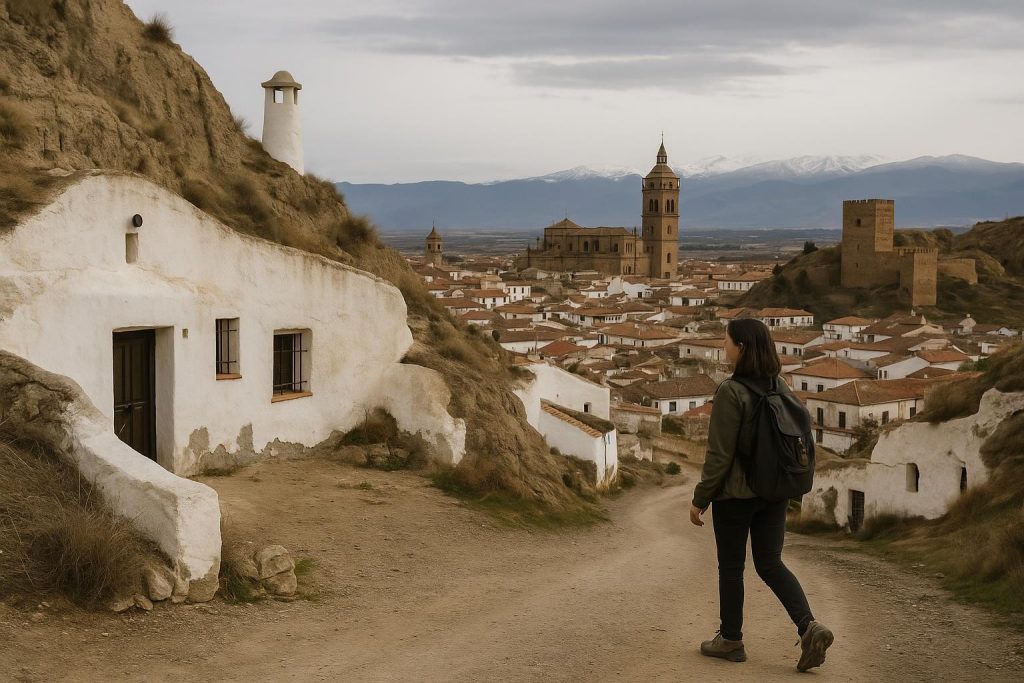 Barrio de casas cueva de Guadix con la Alcazaba al fondo