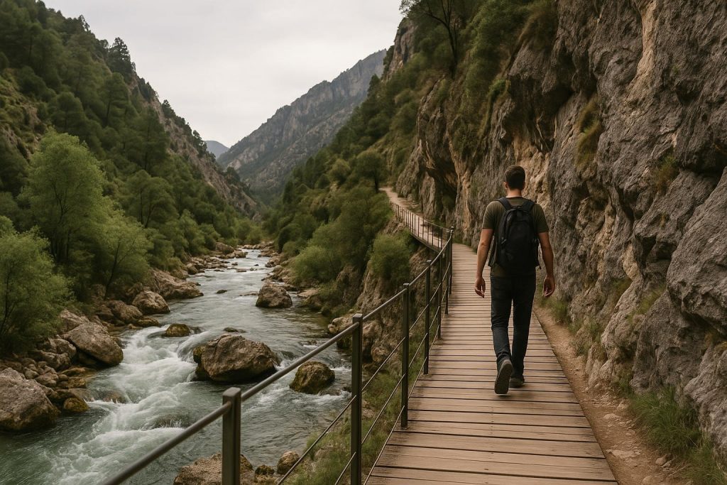 Pasarela sobre el río Borosa entre paredes de roca y bosque