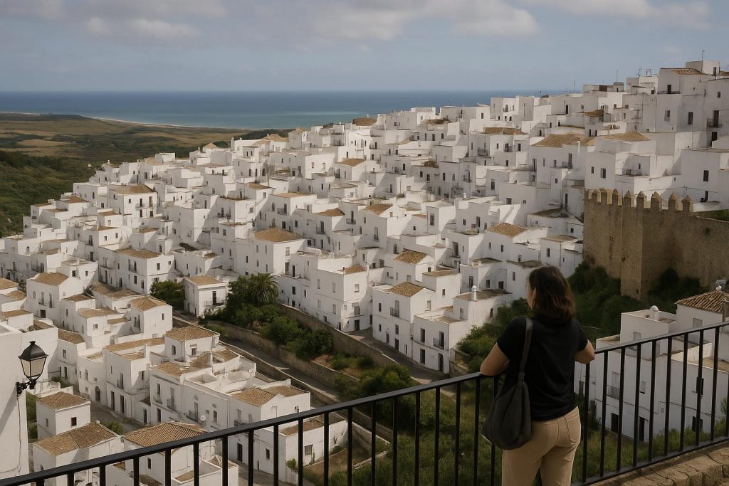 Vista panorámica de Vejer de la Frontera con casas blancas y paisaje gaditano