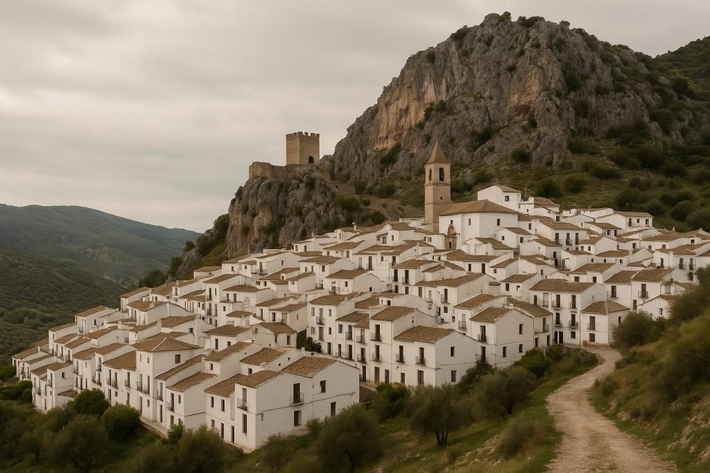 Calles blancas de Zuheros con el castillo y las Sierras Subbéticas al fondo