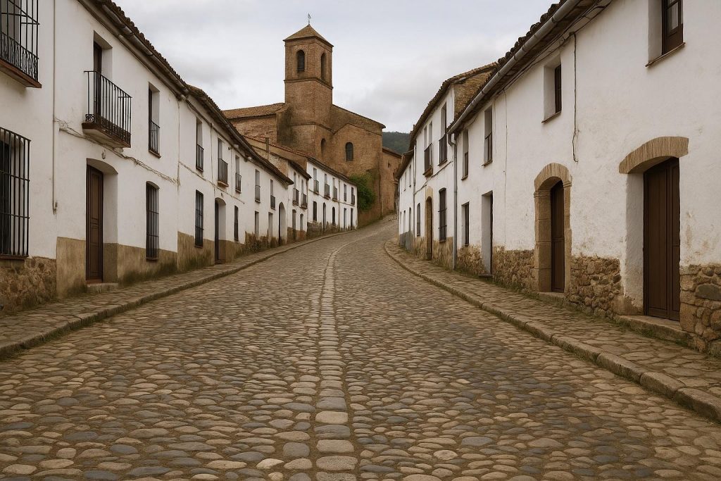 Calles empedradas de Castaño del Robledo entre casas serranas