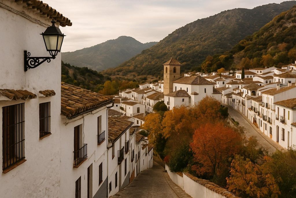 Calles blancas de un pueblo andaluz rodeadas de paisaje de sierra en otoño