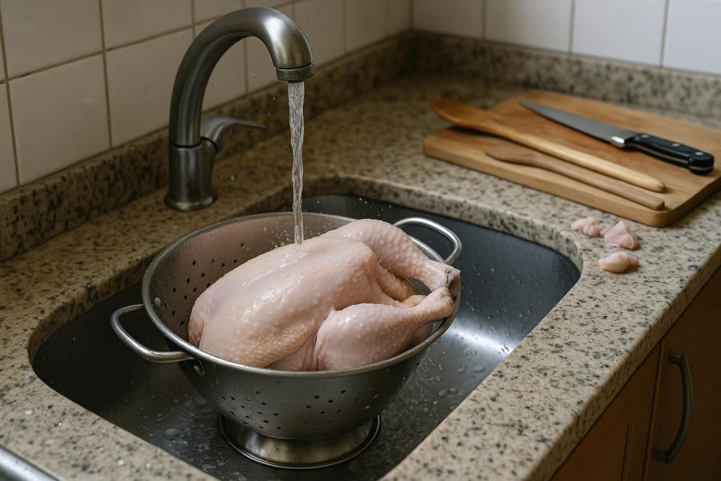 Persona preparando pollo crudo junto al fregadero de una cocina