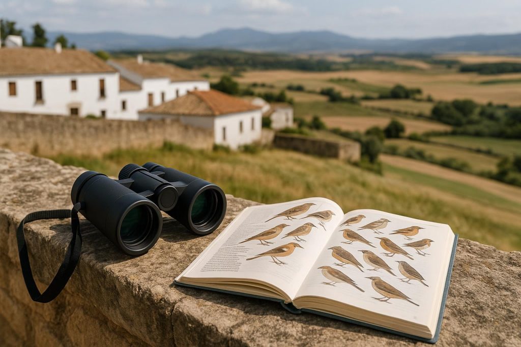 Persona observando aves con prismáticos en un humedal andaluz