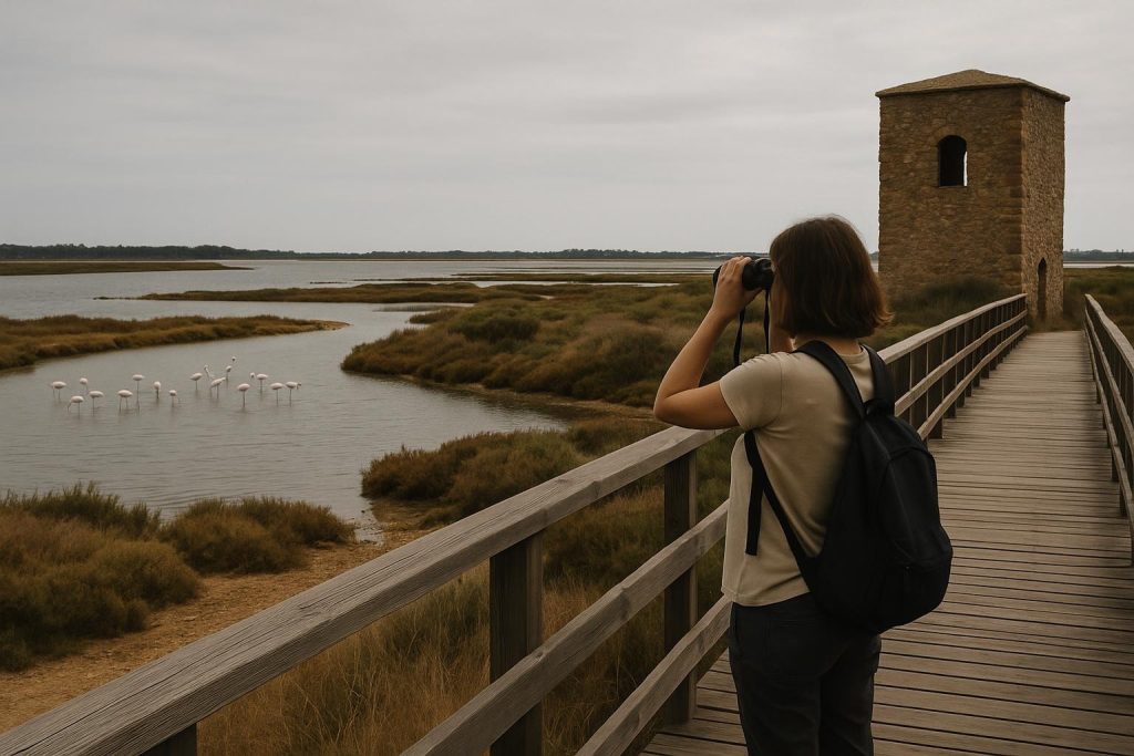 Marismas del Odiel con aves y canales de agua junto a Huelva