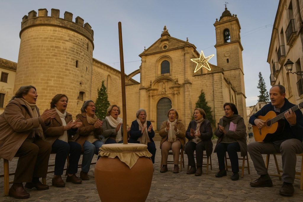 Zambomba navideña con músicos y público en un patio de Jerez