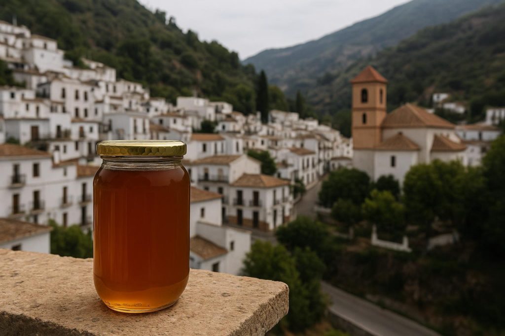 Tarro de miel artesanal junto a productos de la Alpujarra granadina
