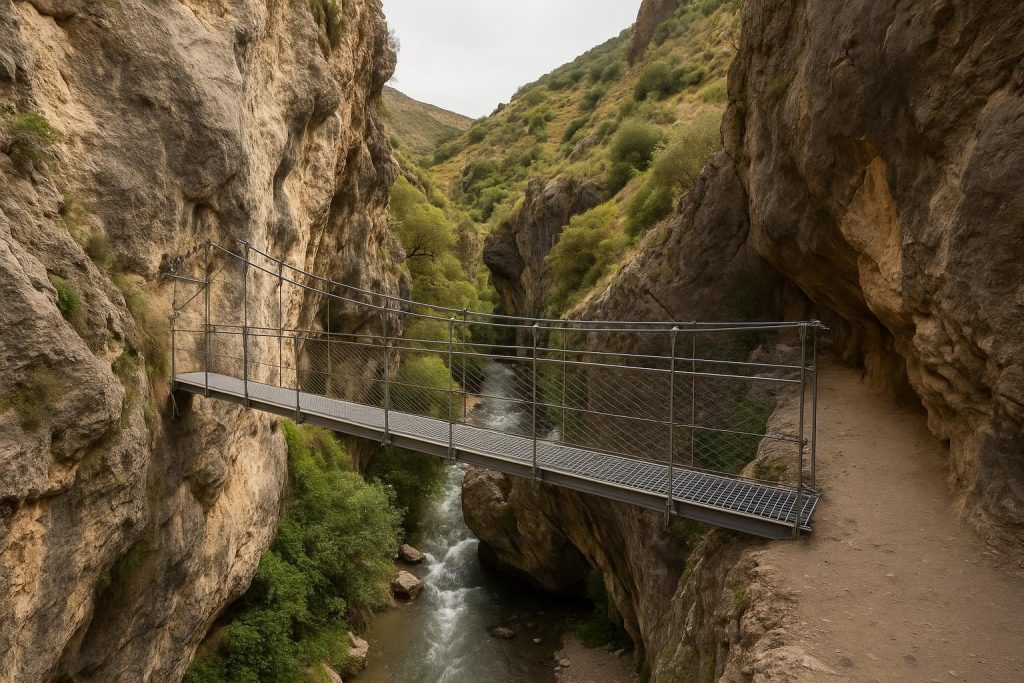 Puente colgante sobre el río Monachil en el sendero de Los Cahorros